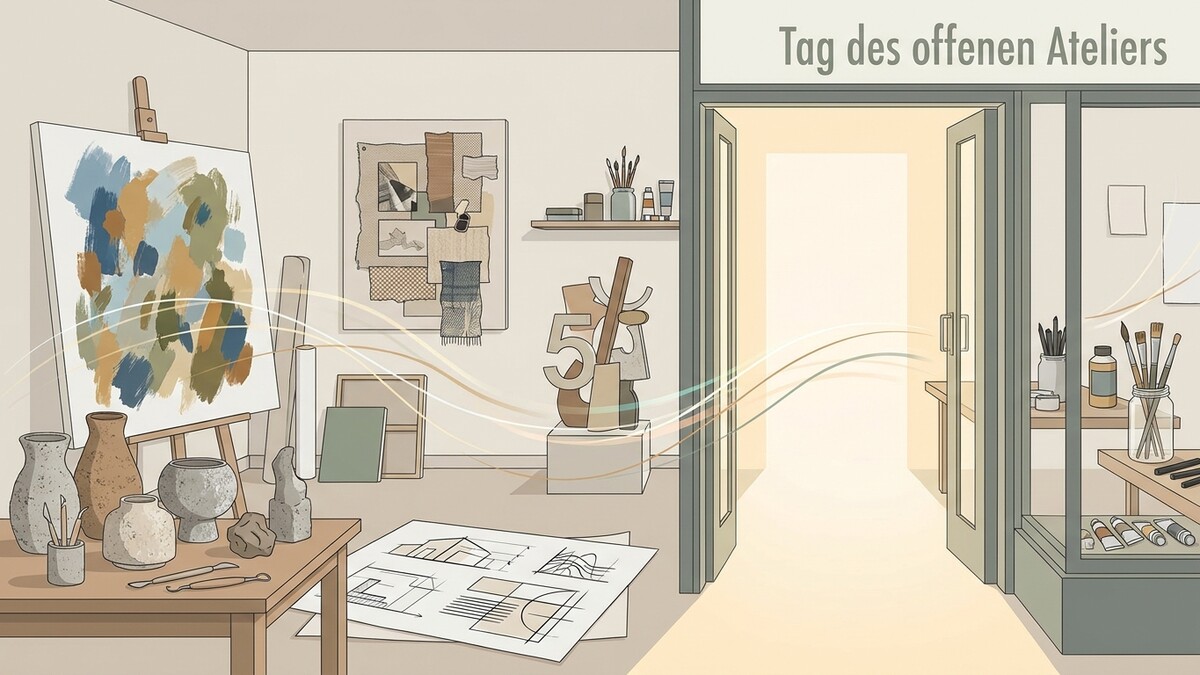 Offenes Atelier zeigt Malerei, Skulpturen und Kunstbedarf in einem hellen Raum.