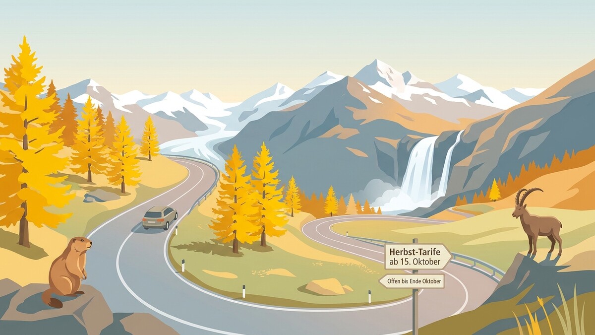 Alpenlandschaft mit Bergziege, Murmeltier und Wasserfall im Herbst