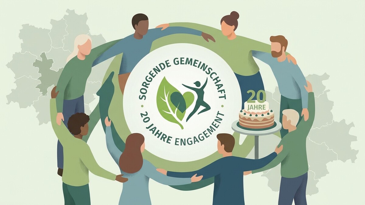 20 Jahre Engagement: Menschen umkreisen Logo mit Torte und Blättern