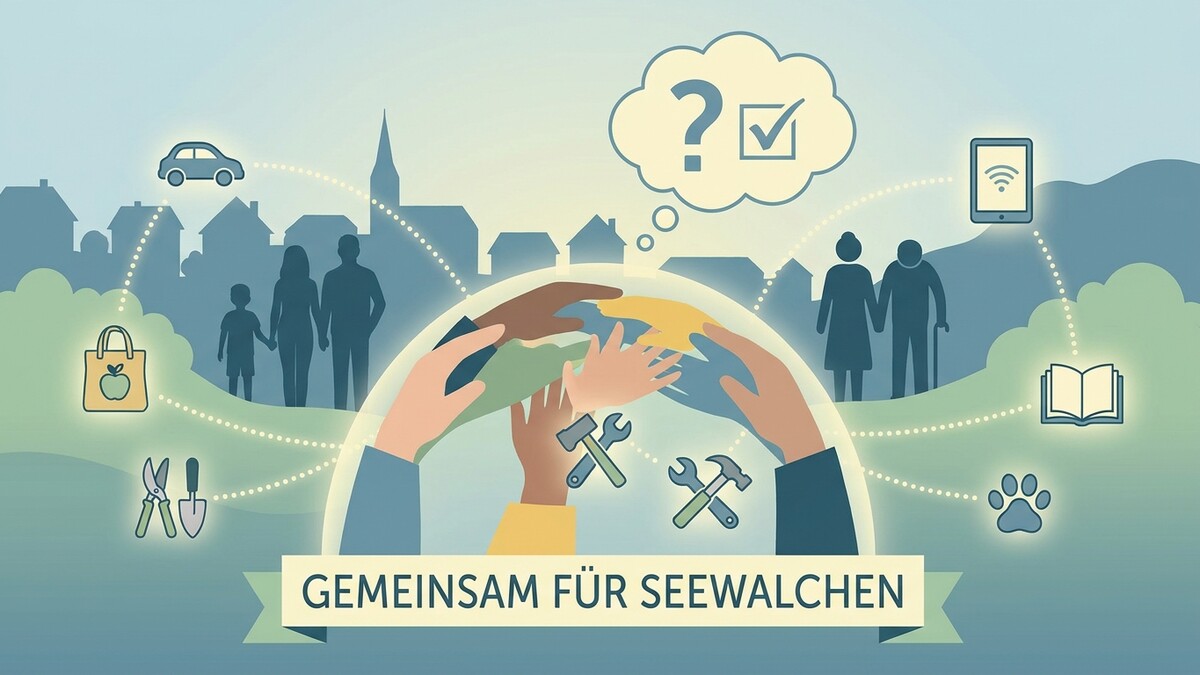 Gemeinschaft Seewalchen: Hände verbinden Menschen, Werkzeuge und Symbole für Leben, Lernen und Technik