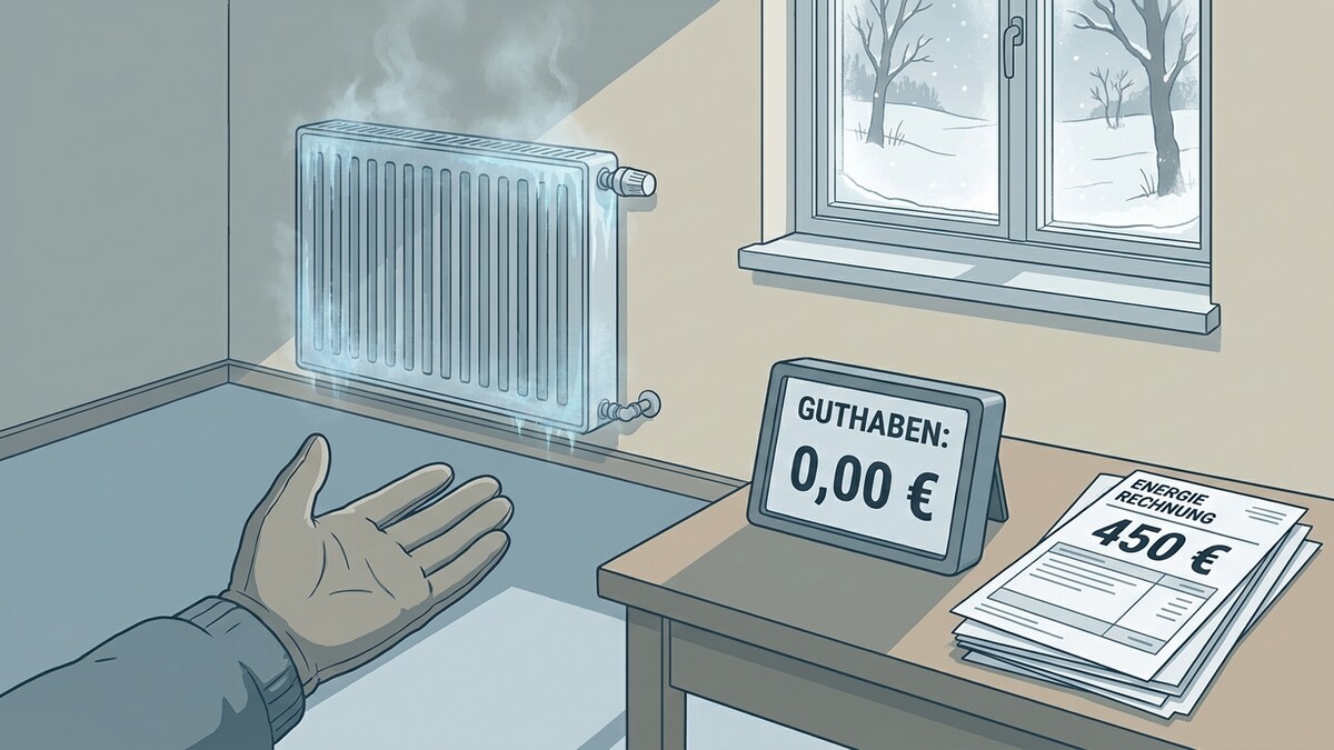 Heizung mit Eis und Schnee vor dem Fenster, Energie-Rechnung 450 €