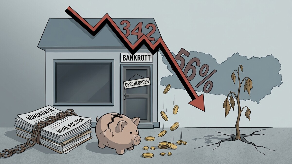 Bankrott: fallende Kurve, geschlossenes Geschäft, zerbrochene Sparschwein, trockene Pflanze