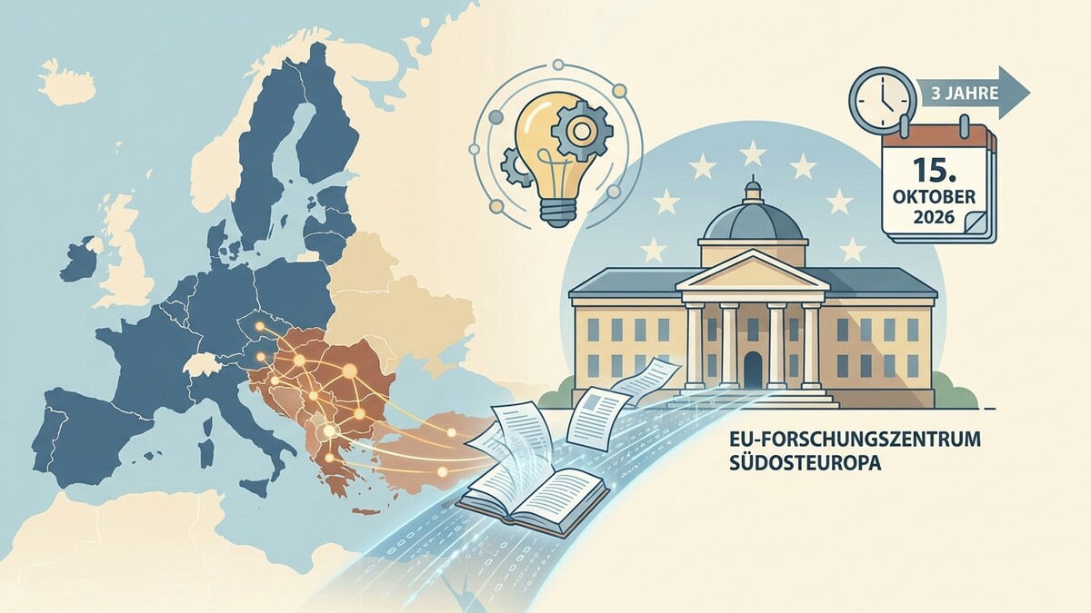 EU-Forschungszentrum Südosteuropa mit Karte Europas, Glühbirne und Kalender