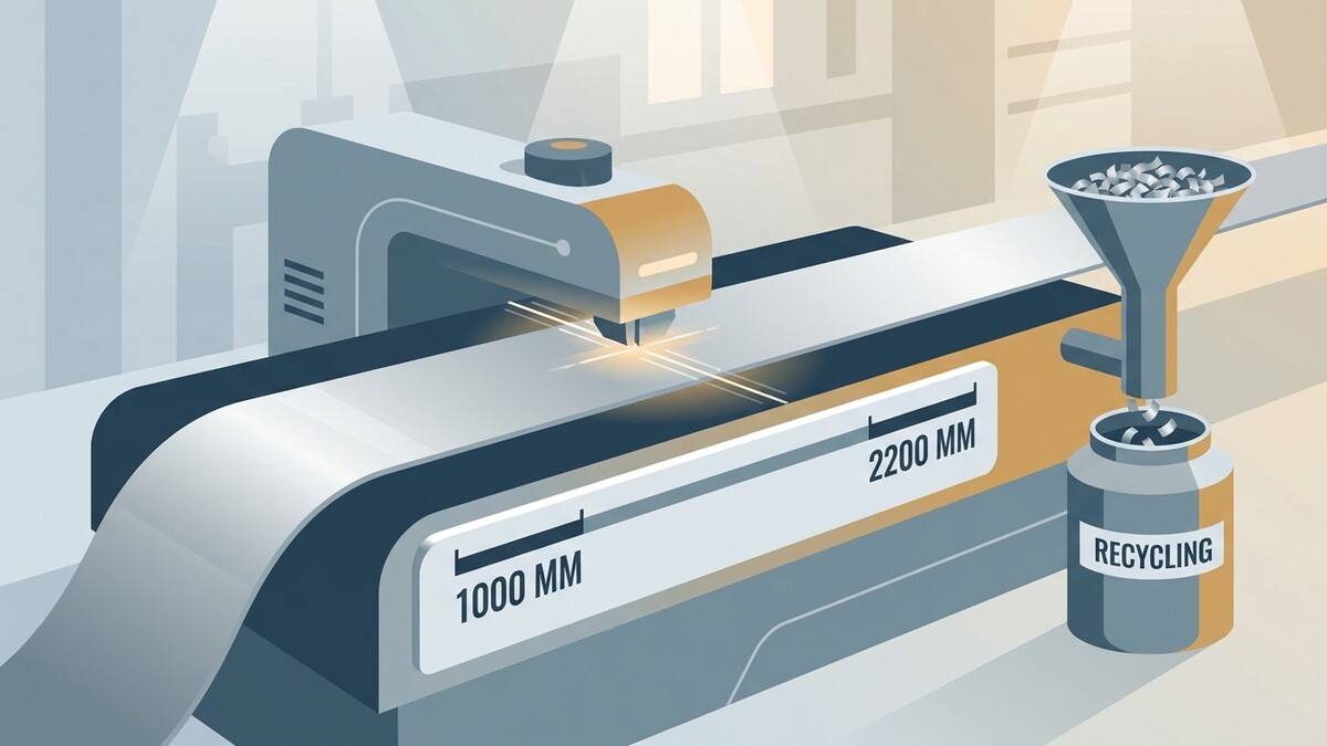 Industrielle Maschine schneidet Material auf einem Fließband, daneben Behälter für Recycling