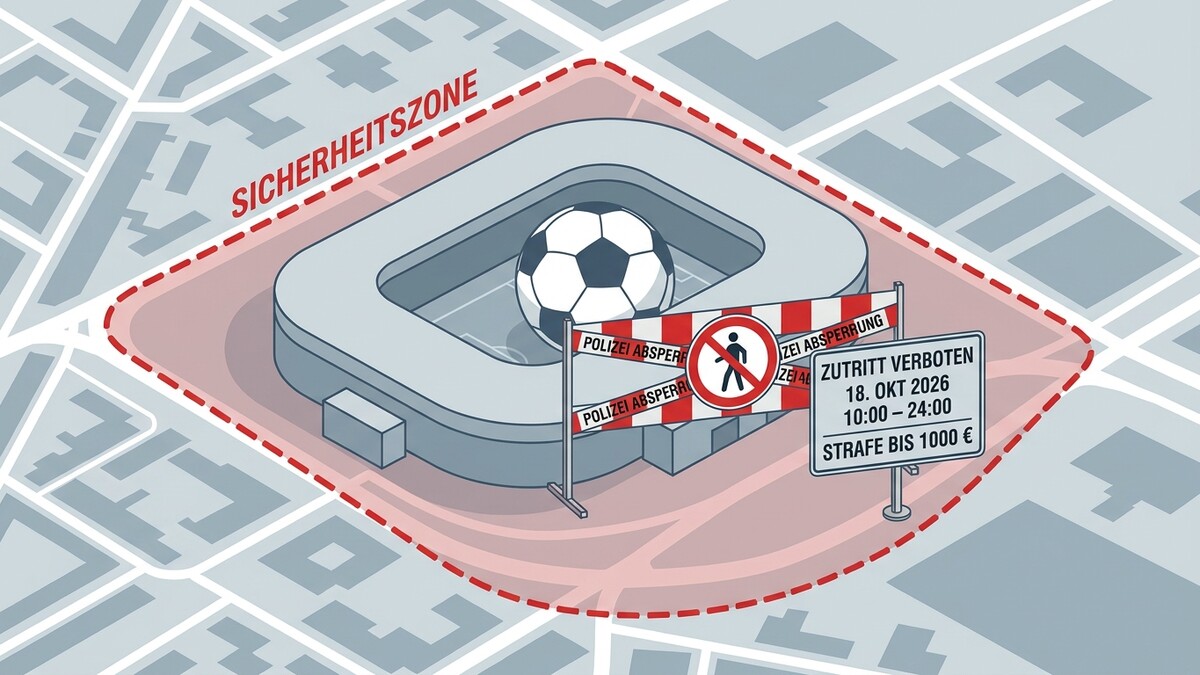 Sicherheitszone um Stadion mit Fußball, Polizeiabsperrung und Hinweisschild "Zutritt verboten"