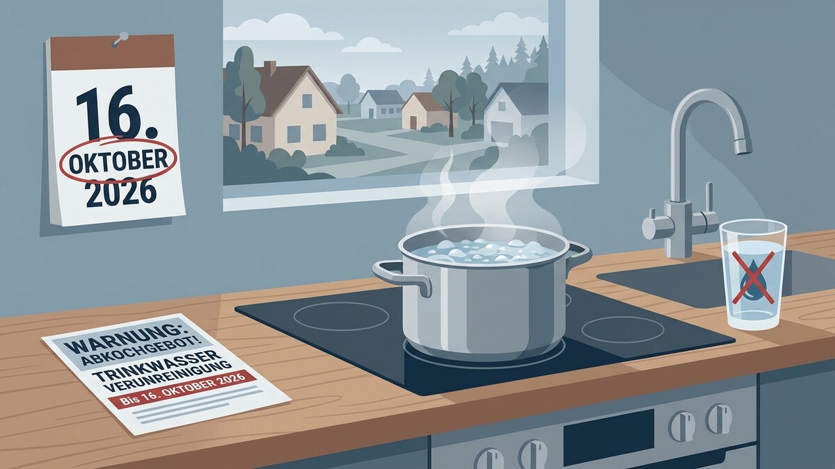 Abkochgebot: Topf mit kochendem Wasser, Kalenderblatt 16. Oktober 2026, Glas mit Warnsymbol
