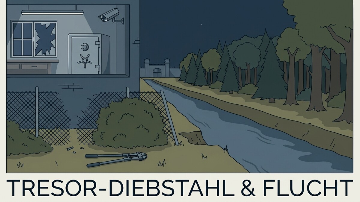 Tresor-Diebstahl mit aufgebrochenem Fenster, Zaun und Zange, neben einem Fluss und Wald.