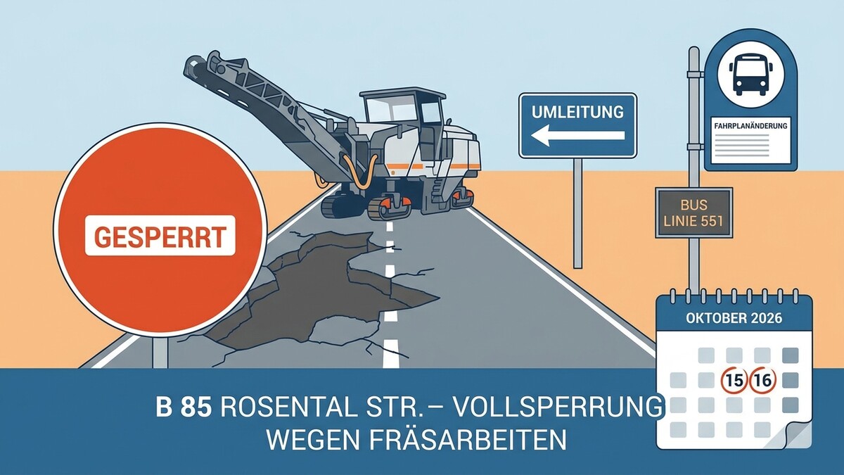 Fräsarbeiten B 85 Rosental Straße: Vollsperrung mit Umleitung, Buslinie 551 und Kalender Oktober 2026