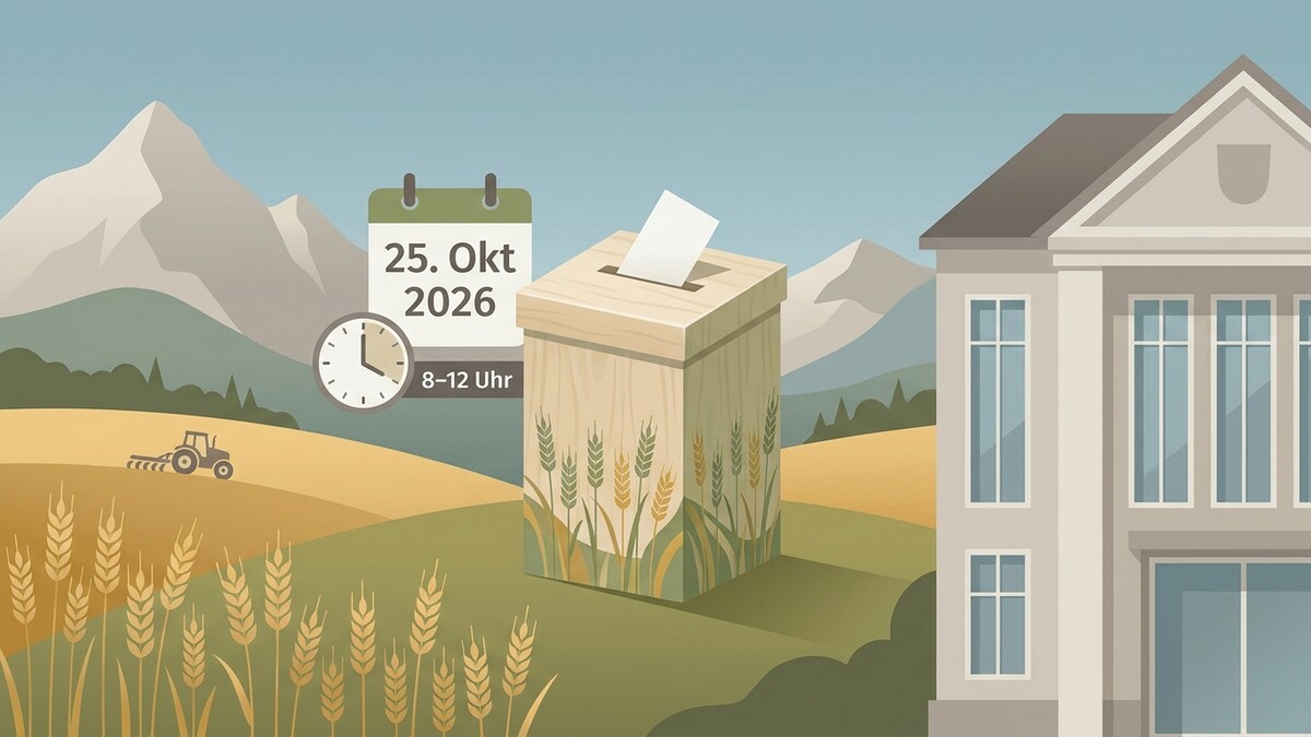Wahlurne mit Kalender 25. Okt. 2026 und Traktor in Alpenlandschaft