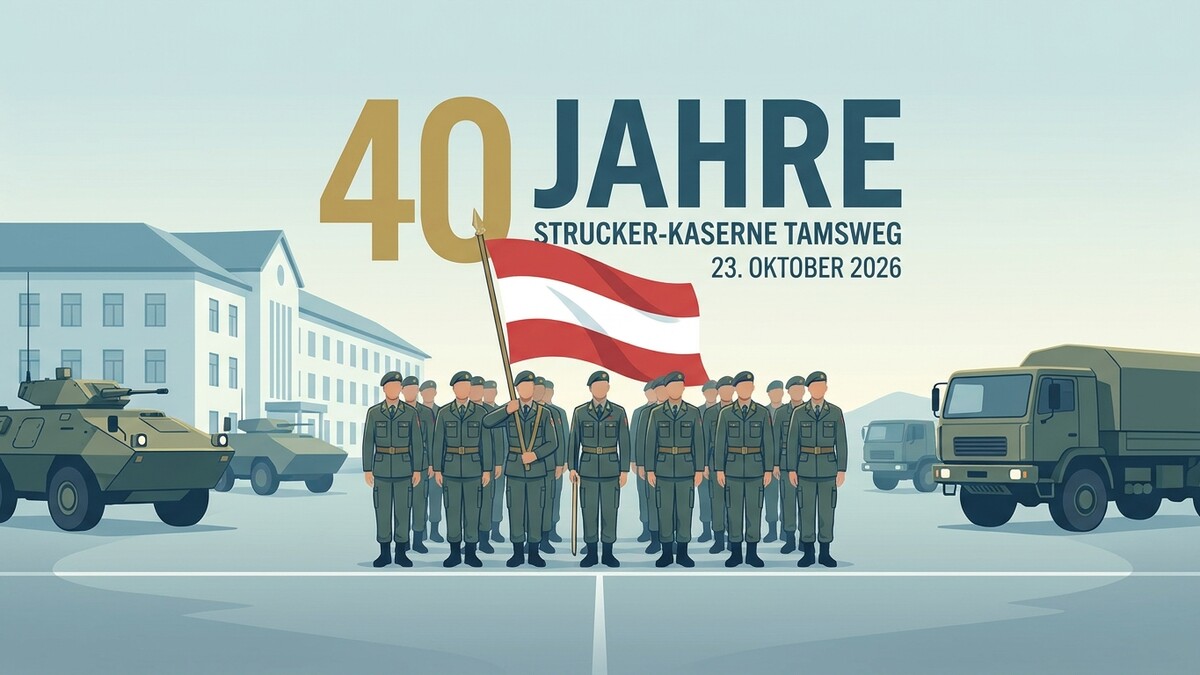 40 Jahre Strucker-Kaserne Tamsweg: Militärparade mit Fahne und Fahrzeugen