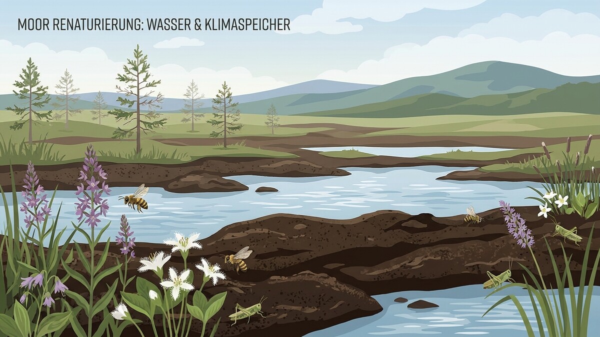 Moor renaturiert: Bienen und Grashüpfer bei lila Blüten und weißem Wasserstern in feuchter Moorlandschaft.