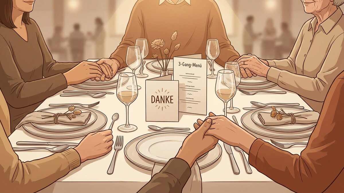 Familie hält Hände am Esstisch, Dankekarte und 3-Gänge-Menü sind zu sehen.