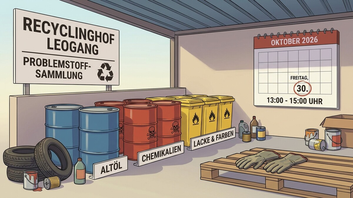 Recyclinghof Leogang: Problemstoffsammlung mit Fässern für Altöl, Chemikalien, Lacke & Farben