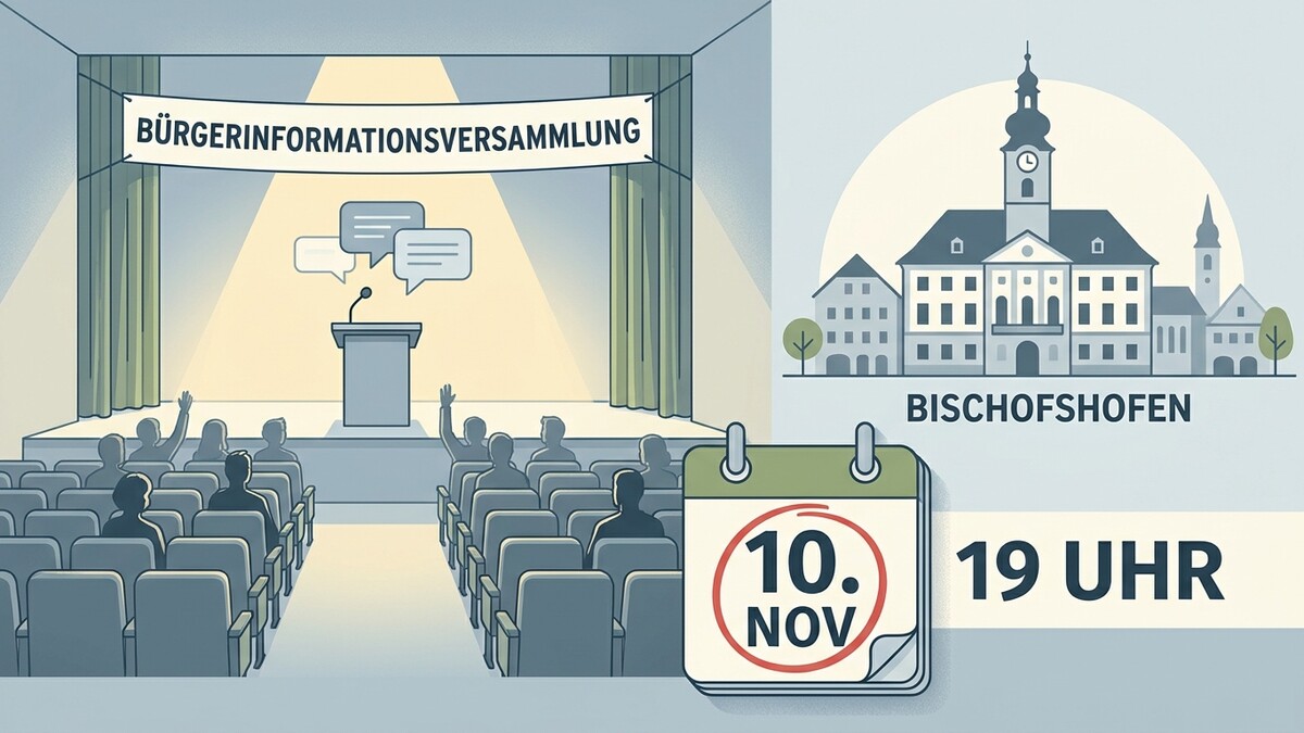 Bürgerinformation Bischofshofen: Bühne mit Rednerpult, Publikum hebt Hände, Kalenderblatt 10. November, 19 Uhr