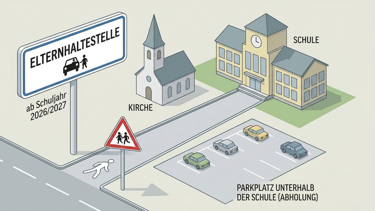 Elternhaltestelle ab Schuljahr 2026/2027 bei Kirche und Schule mit Parkplatz