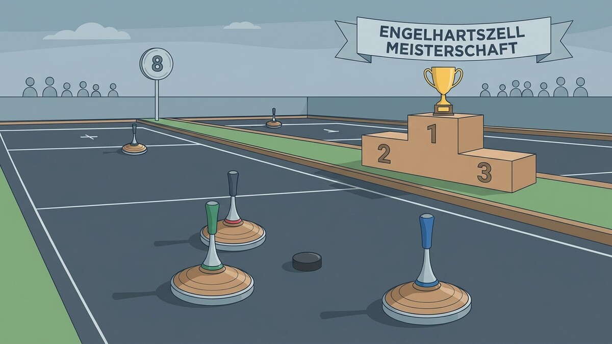 Eisstockschiessen-Meisterschaft Engelhartszell mit Siegertreppchen und Pokal