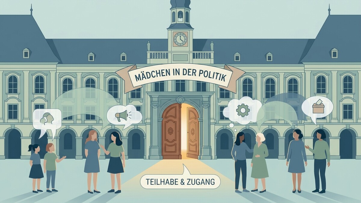 Mädchen in der Politik: Teilhabe und Zugang vor einem Gebäude mit Uhrturm und geöffneten Türen.