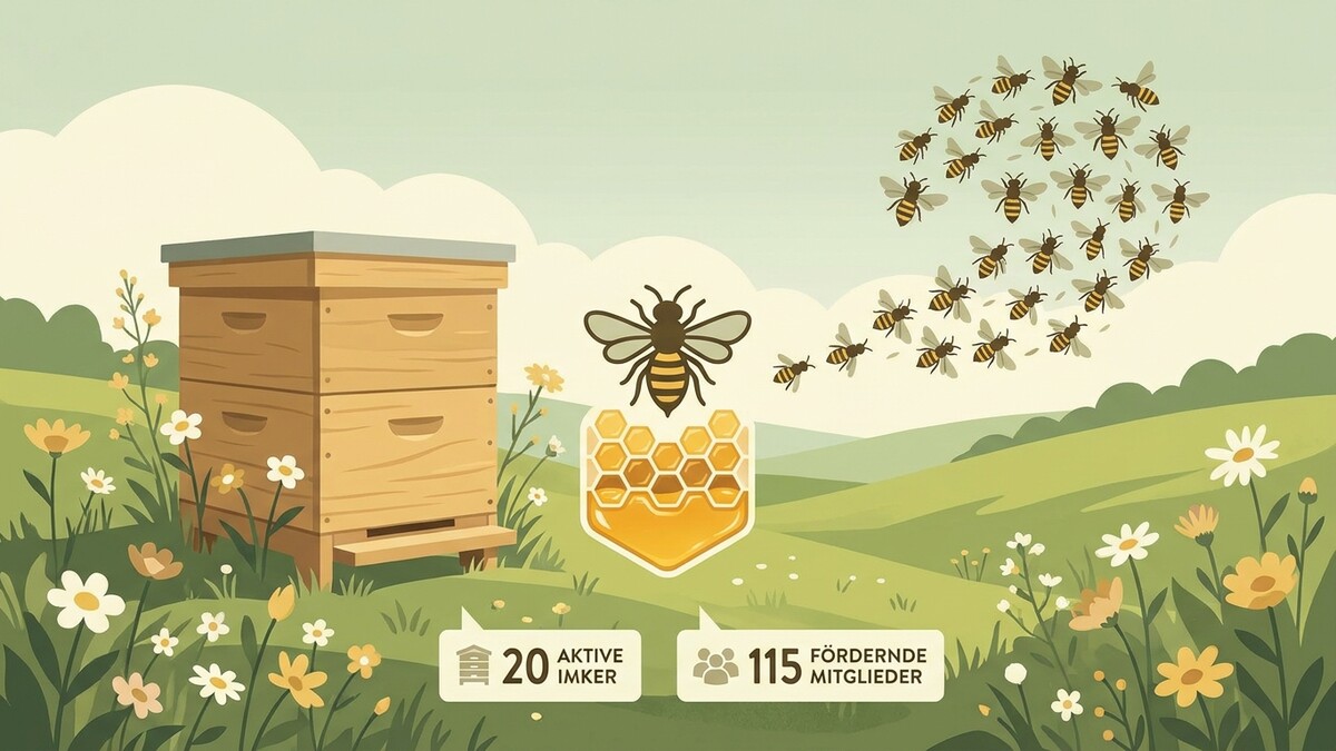 Bienenstock mit Blumen und einer Gruppe von Bienen, die in einem Schwarm fliegen, 20 aktive Imker, 115 Fördermitglieder