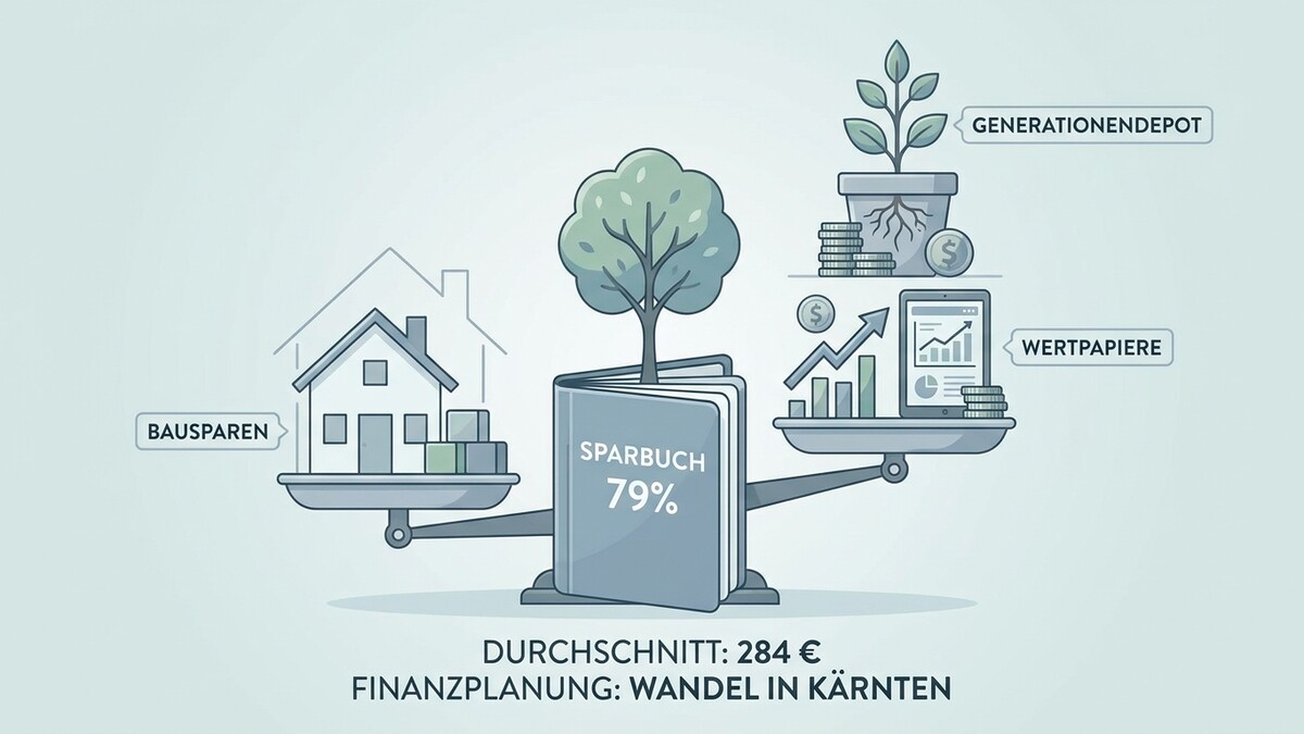 Finanzplanung: Waage mit Sparbuch, Haus und Wertpapieren, Kärnten