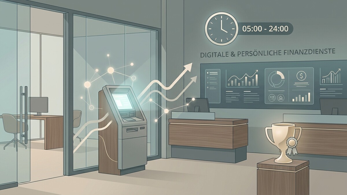 Geldautomat mit digitaler Vernetzung und Finanzdatenanzeige in Bankfiliale