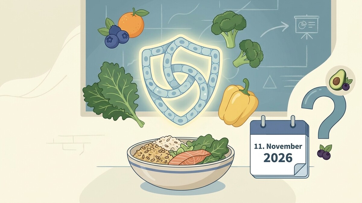Gesundheitssymbol mit Obst, Gemüse und einer Schüssel Reis mit Lachs vor einer Tafel mit Kalender