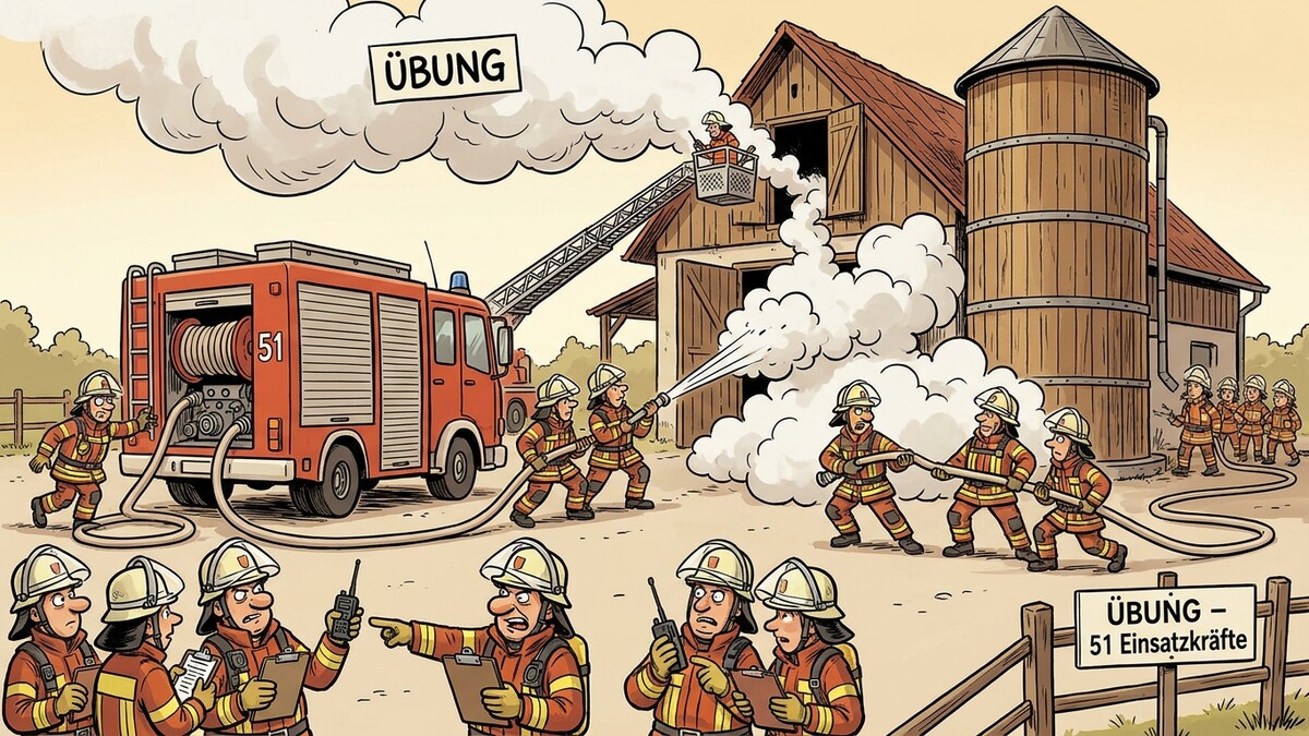Feuerwehrübung mit 51 Einsatzkräften im Einsatz bei einem Bauernhof mit Scheune und Silo
