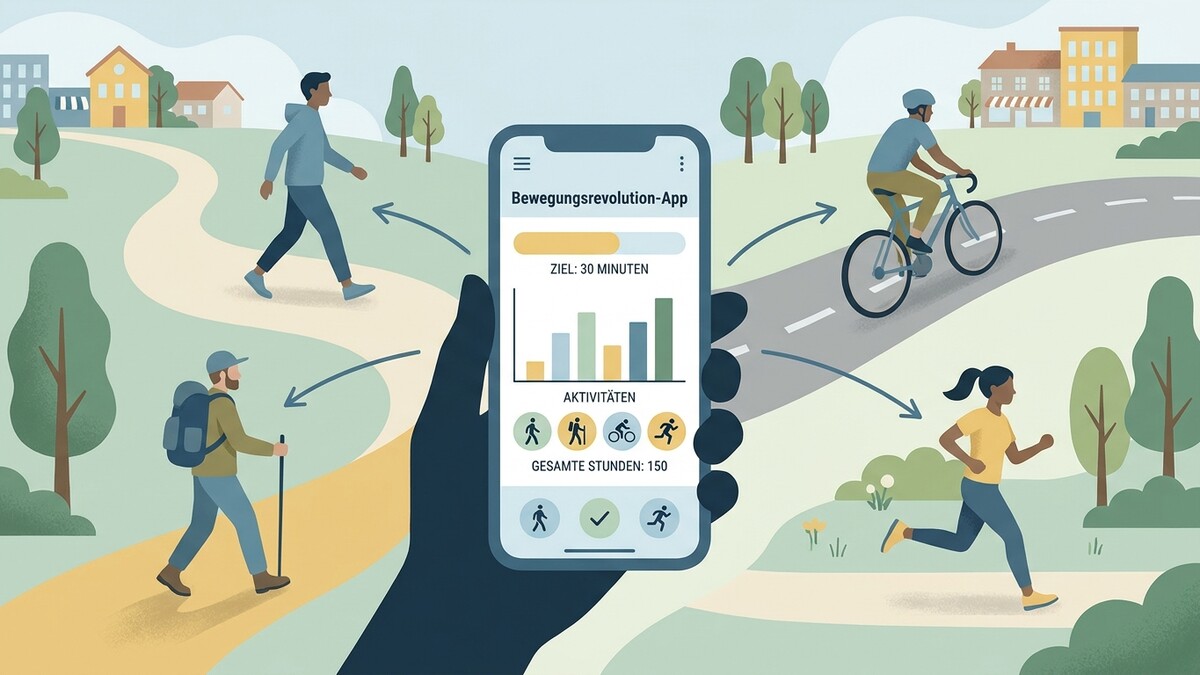 Bewegungsrevolution-App zeigt Wanderer, Radfahrer und Läufer in einer Stadtlandschaft