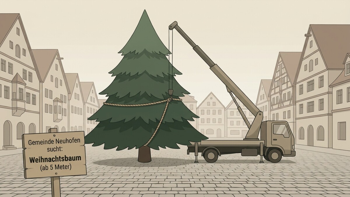Weihnachtsbaum wird mit Kran in Neuhofen aufgestellt, Gemeinde sucht Baum