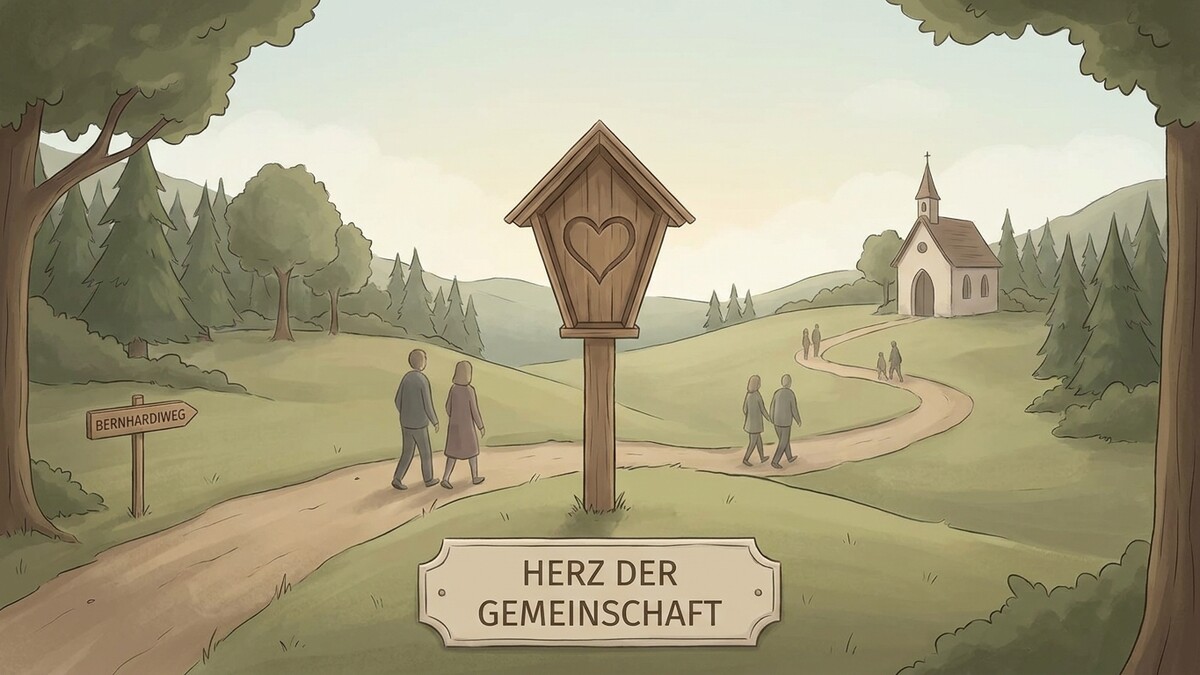 Herz der Gemeinschaft: Holzkreuz mit Herz, Menschen auf Weg zur Kirche, Bernhardiweg