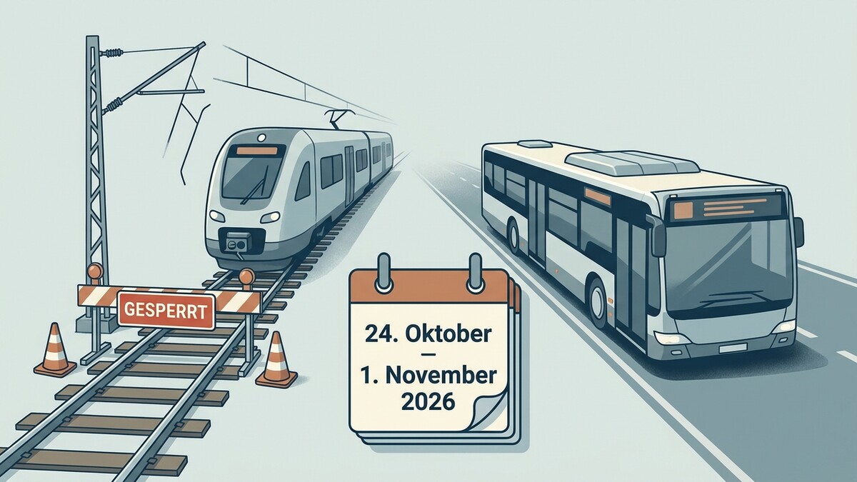 Zugstrecke gesperrt 24. Oktober bis 1. November 2026, daneben ein Bus auf der Straße