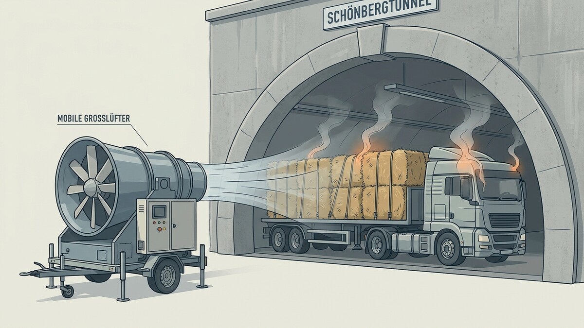 Schönbergtunnel: Großer Ventilator bläst Luft auf brennenden LKW mit Strohballen
