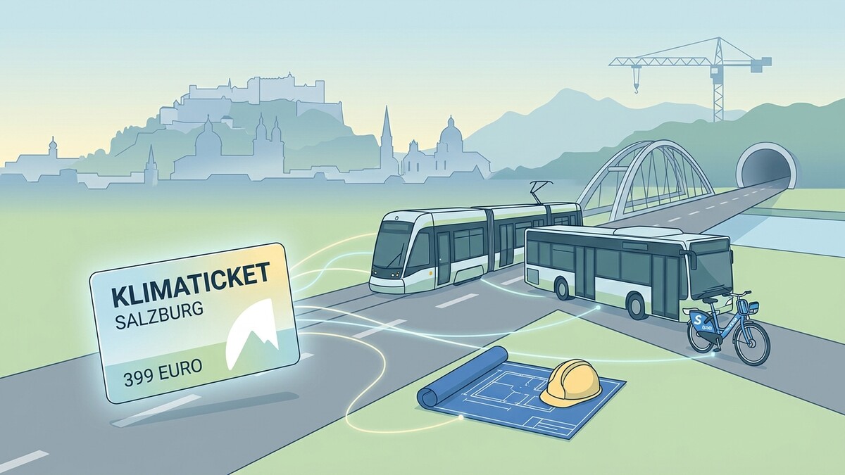 Klimaticket Salzburg mit Öffi-Symbolen, Straßenbahn, Bus und Fahrrad vor Salzburger Stadtkulisse