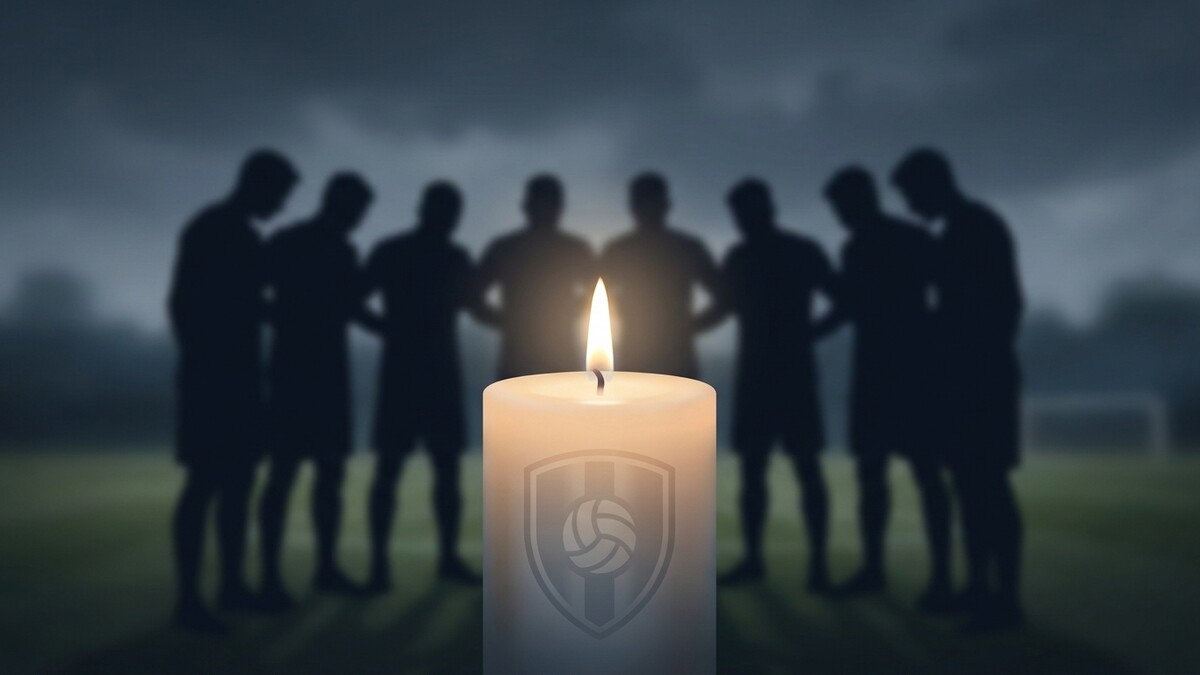 Kerze mit Fußballwappen und dunkle Silhouetten von Fußballspielern auf einem Feld