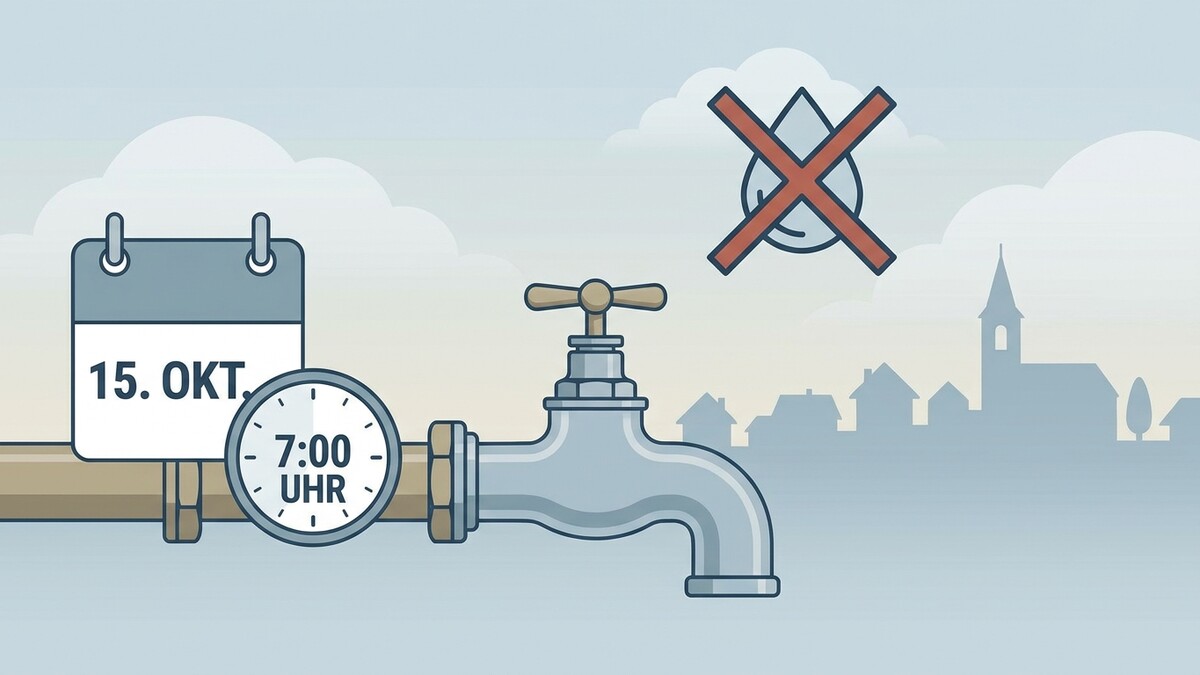 Wasserhahn mit Kalender 15. Okt. und Uhr 7:00 Uhr, Wasserverbotsschild