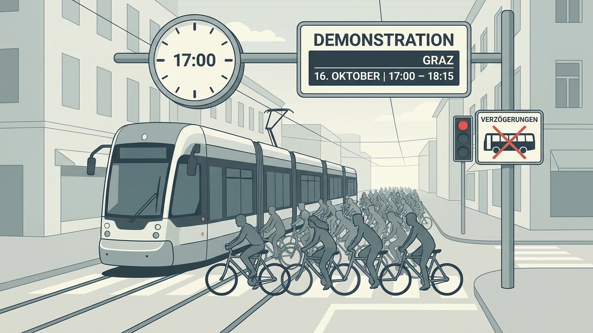 Demonstration Graz: Radfahrer blockieren Straßenbahn und Verkehr, 16. Oktober, 17 Uhr