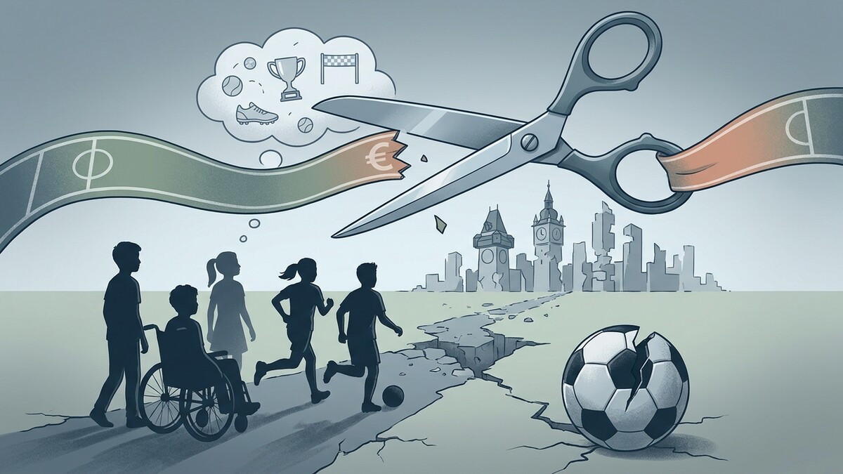 Kinder mit Rollstuhl und Fußball vor zerbrochenem Ball und Schere, die Sportfeld zerschneidet
