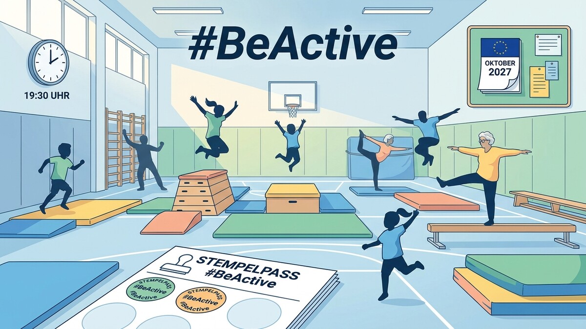 Bewegung in der Turnhalle mit Menschen aller Altersgruppen und dem Hashtag #BeActive