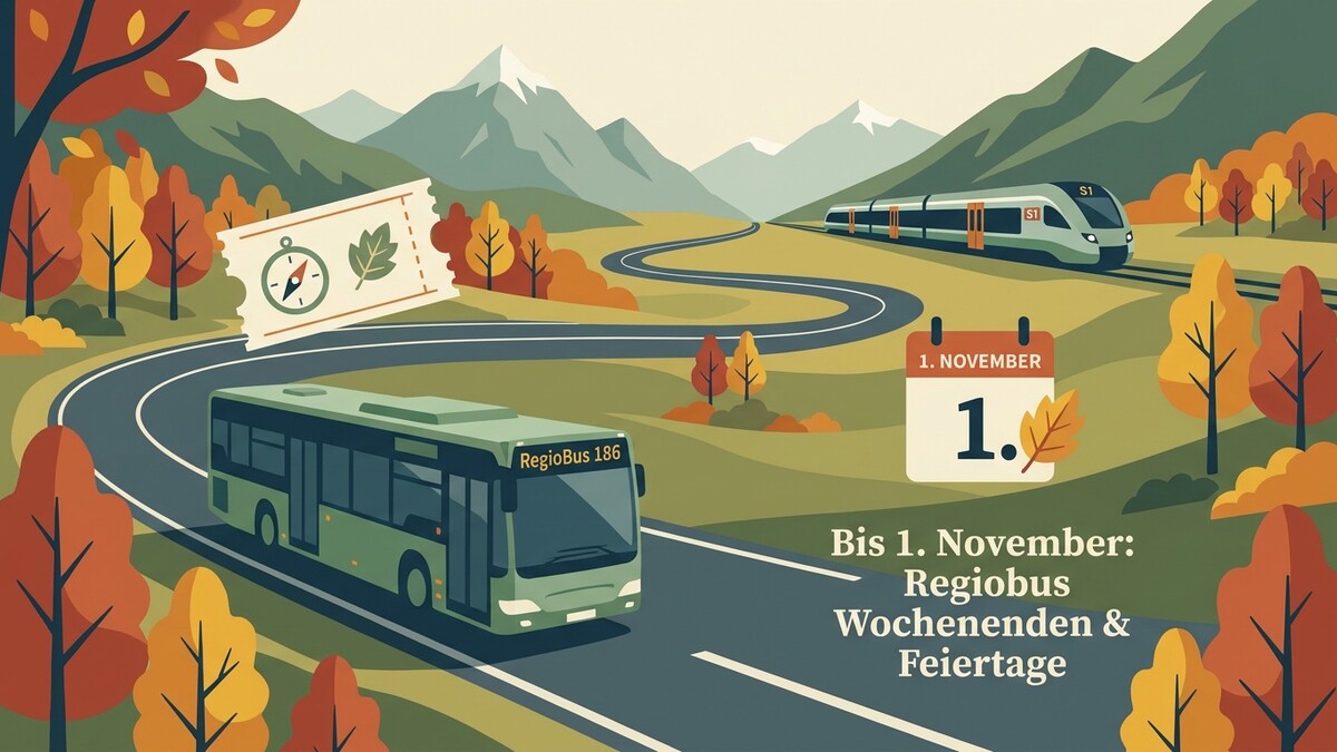 Regiobus mit Kalender und Zug in Herbstlandschaft bis 1. November