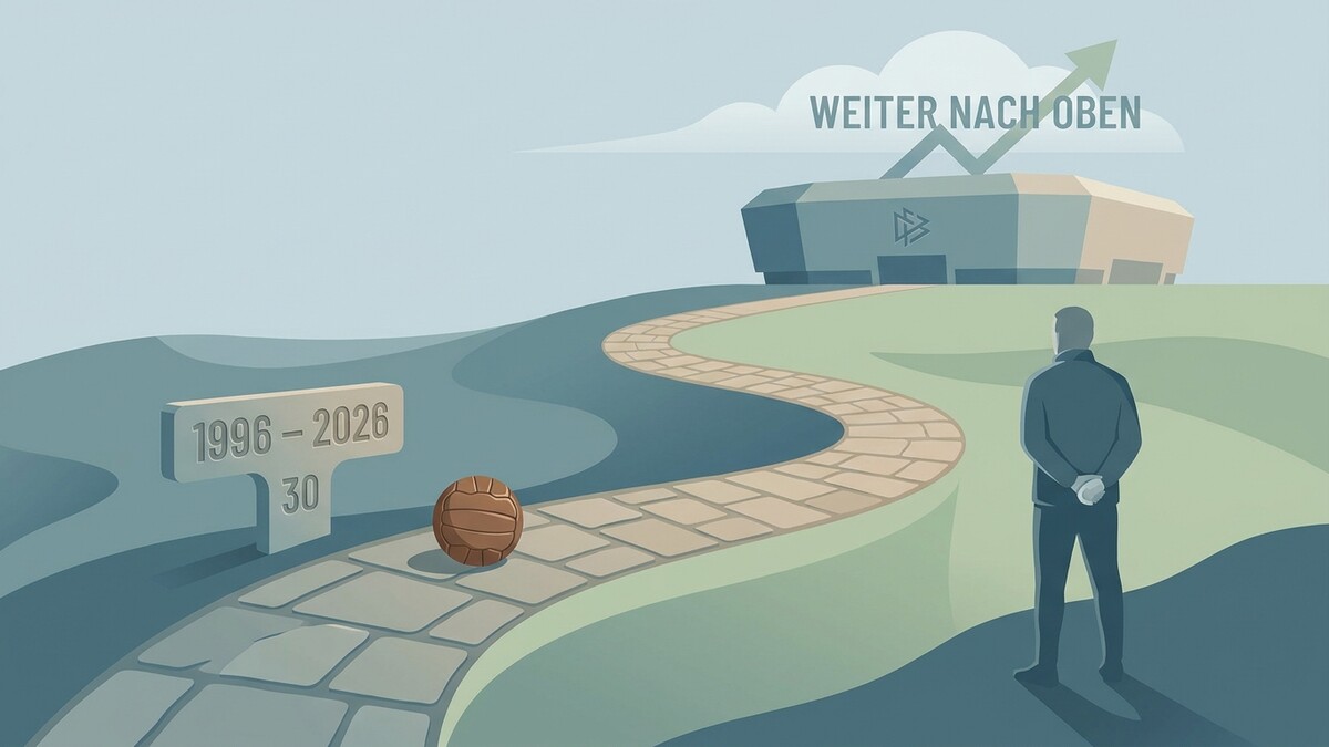Fußballstadion mit Wegweiser und Mann vor dem Stadion, Fußball, Jahreszahlen 1996–2026
