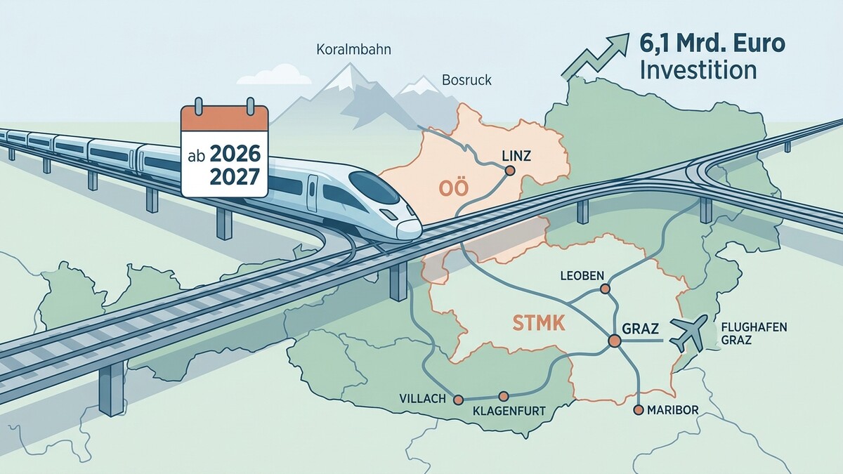 Koralmbahn-Investition: 6,1 Mrd. Euro ab 2026/2027, Schnellzug durch OÖ und STMK