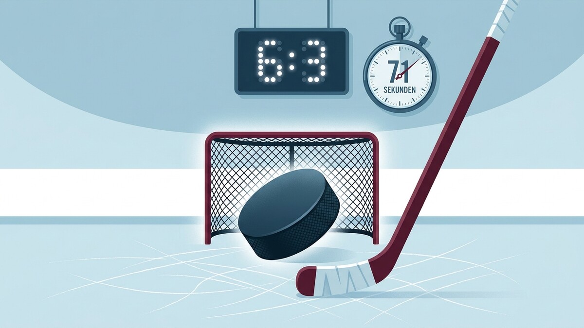 Eishockey Puck vor Tor mit Anzeigetafel 6:3 und Stoppuhr 71 Sekunden