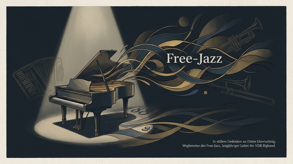 Free-Jazz: Flügel, Akkordeon, Trompete und Posaune mit Wellenlinien und Text.