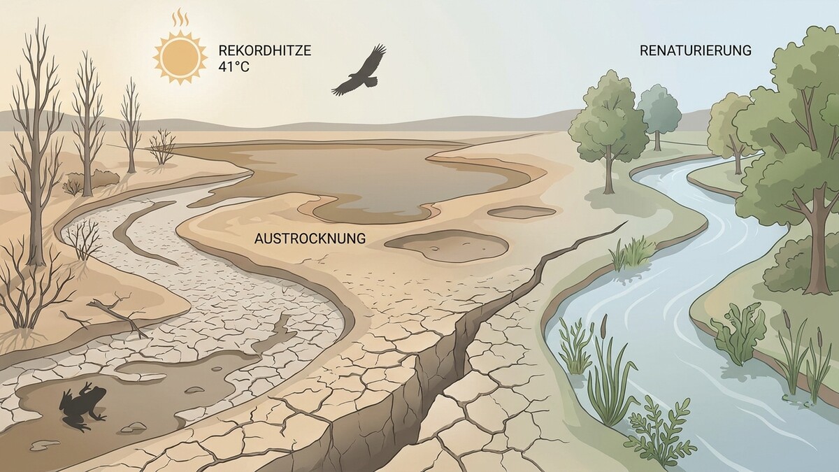 Austrocknung und Renaturierung eines Flusslaufs bei Rekordhitze von 41°C mit Frosch und Adler