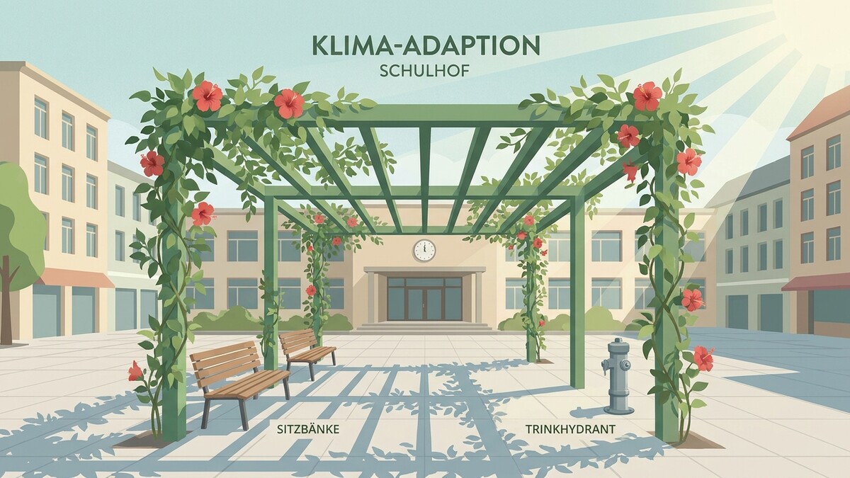 Klimaanpassung Schulhof mit Pergola, Sitzbänken und Trinkhydrant vor Gebäuden