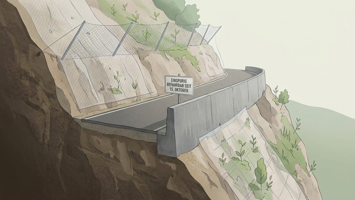 Einspurige Straße mit Stützmauer und Felsnetz in den Bergen