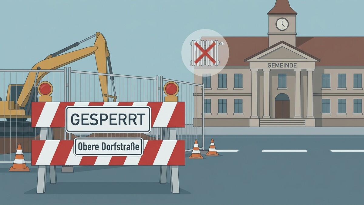 Baustelle mit Absperrung und Bagger vor Gemeindeamt, Heizkörperverbotssymbol