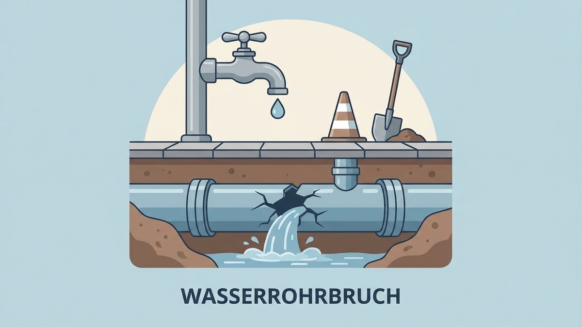 Wasserrohrbruch mit tropfendem Wasserhahn, Schaufel und Verkehrskegel auf der Straße
