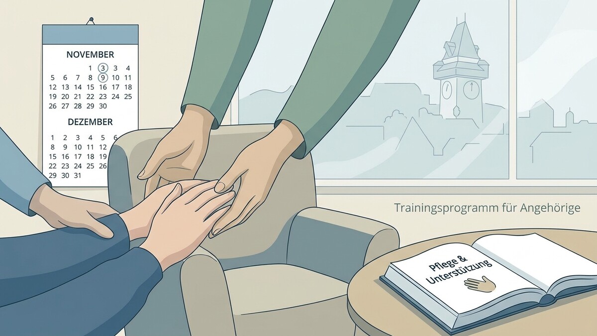 Zwei Hände halten sich im Sessel, Kalender und Buch mit "Pflege & Unterstützung" auf dem Tisch