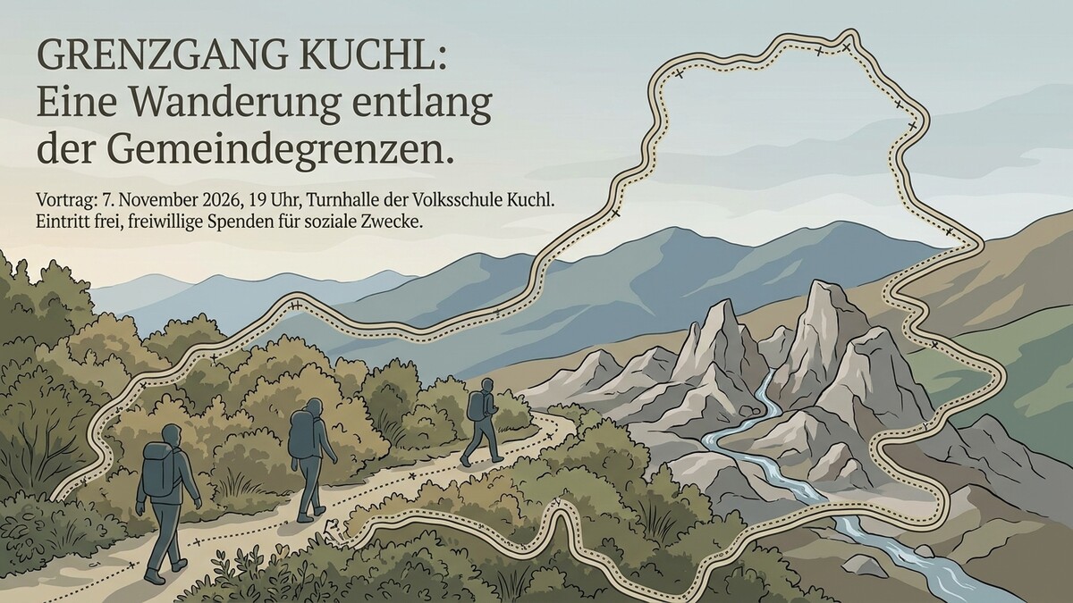 Grenzgang Kuchl: Wanderer auf einem Weg entlang der Gemeindegrenzen in bergiger Landschaft