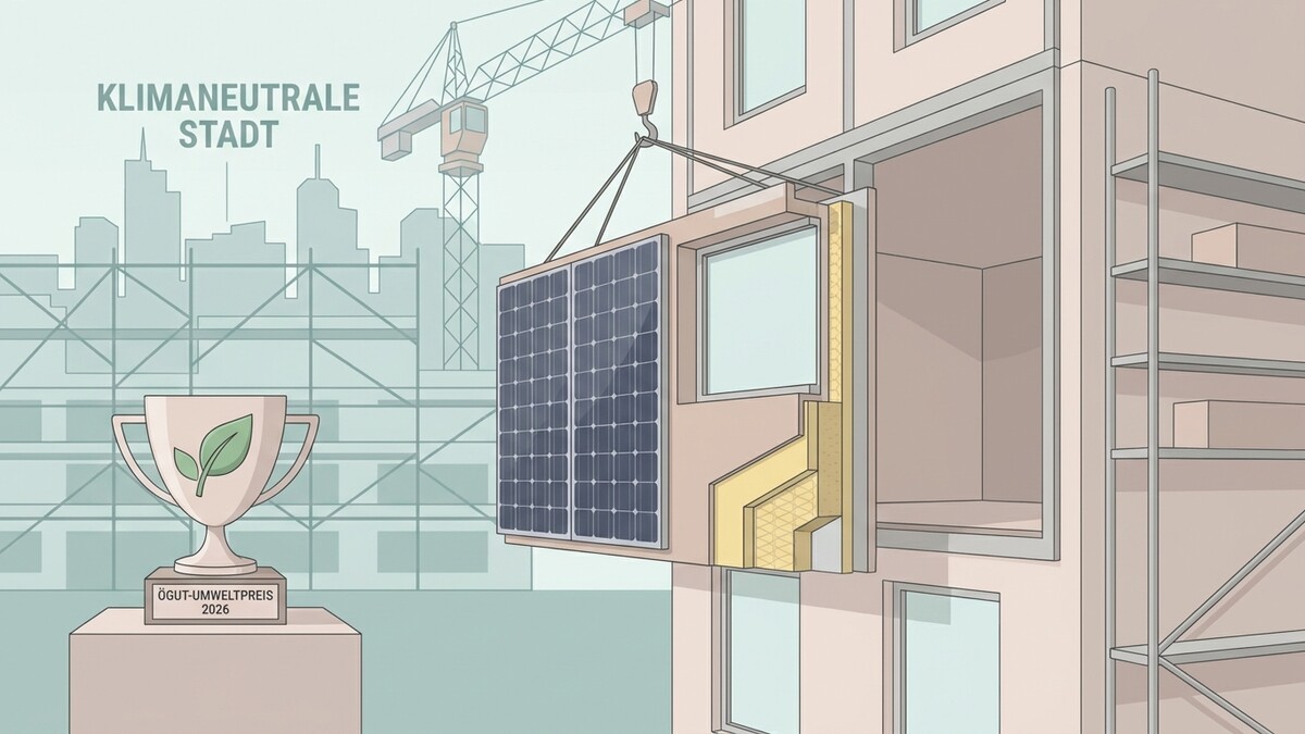 Klimaneutrale Stadt: Solarmodul wird an Gebäude montiert, Ögut-Umweltpreis 2026